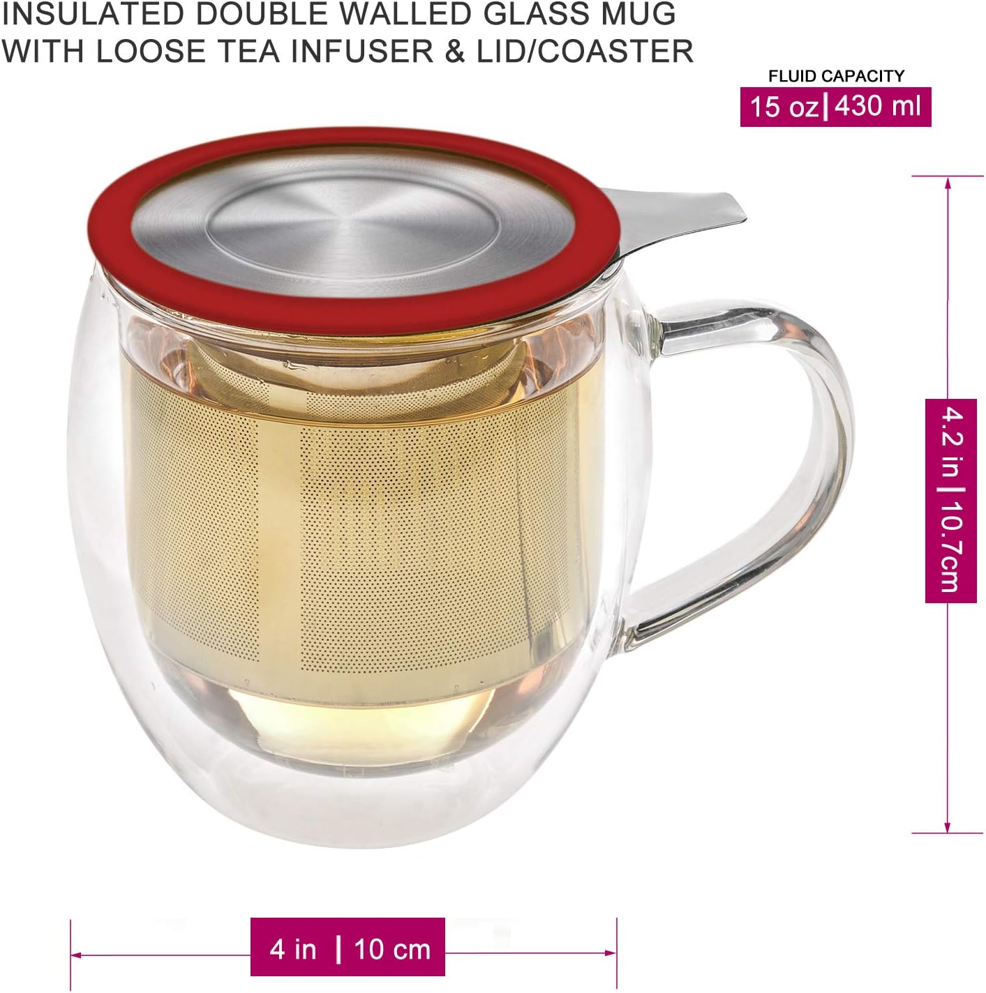Double-Wall Glass Mug with Stainless Steel Infuser and Lid, 15 oz Z9879