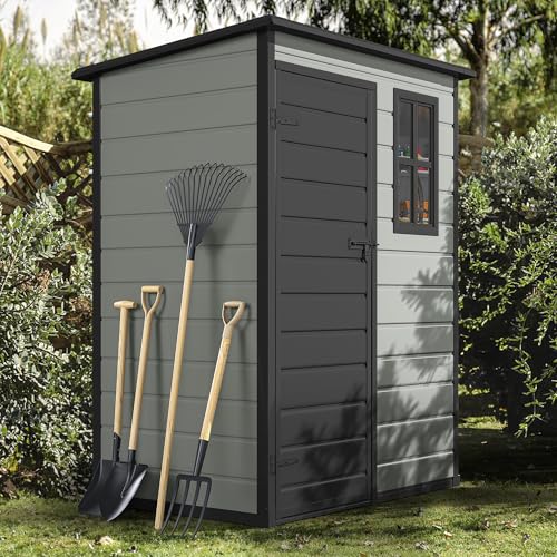 Outdoor Storage Shed with Floor, Lockable Door & Window, Waterproof Resin, Blue-Gray E649