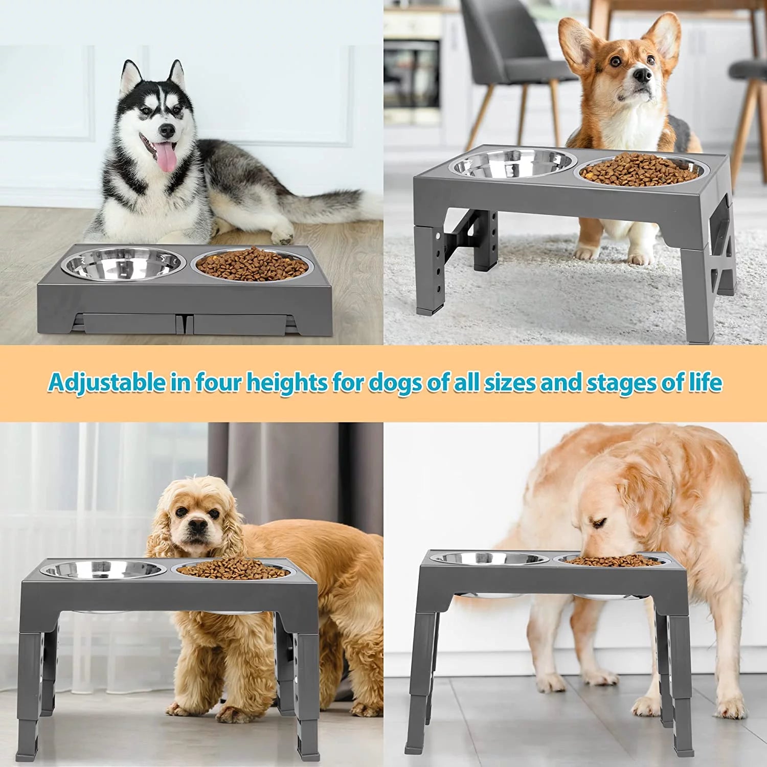 Elevated Dog Bowls Stand with 2 Stainless Steel Dishes, Adjustable Height for Medium and Large Dogs O53917