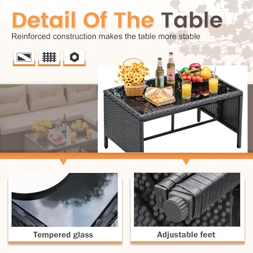 Outdoor Patio 3-Piece Rattan Sectional Sofa with Cushion and Glass Table A396028