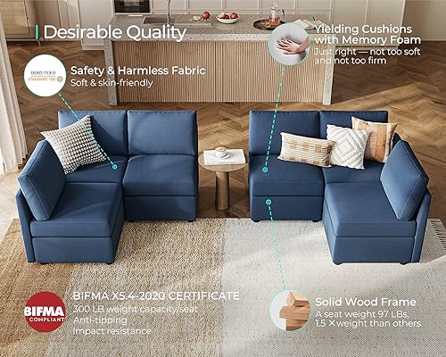 Modular Sectional Sofa with Storage, U Shaped Couch, Blue Y4358