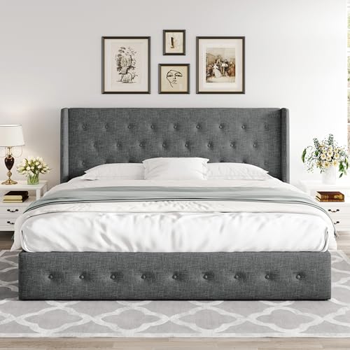 Full Size Lift Up Storage Bed with Wingback Headboard, Hydraulic Support, Light Beige P736605