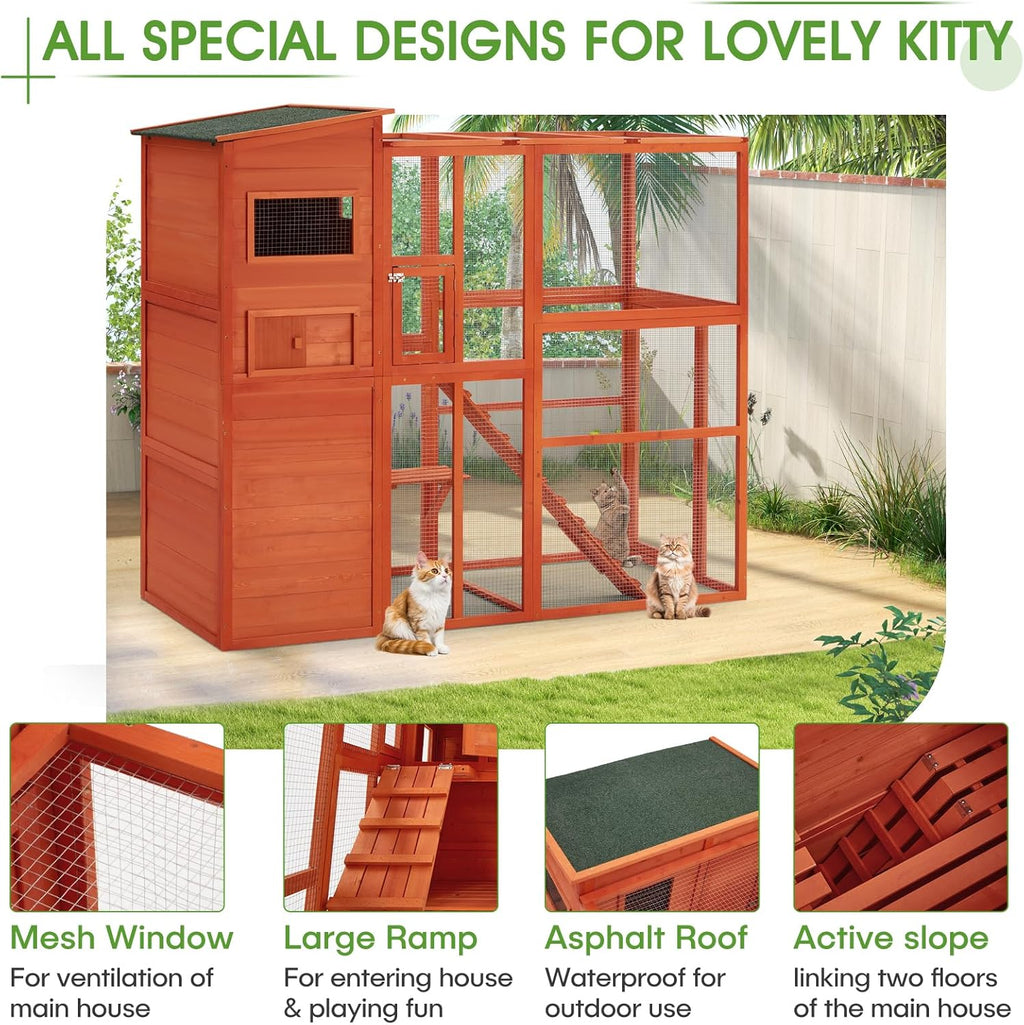 Catio Large Outdoor Cat Enclosure Wooden Walk-in Cage with Platform and 4 Resting Rooms P195
