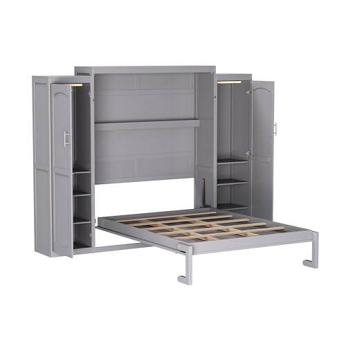 Murphy Bed with Two Wardrobes and Storage Shelf for Small Bedrooms A623