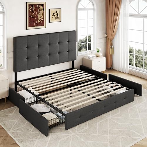 Upholstered Queen Platform Bed Frame with 4 Storage Drawers and Headboard G724955