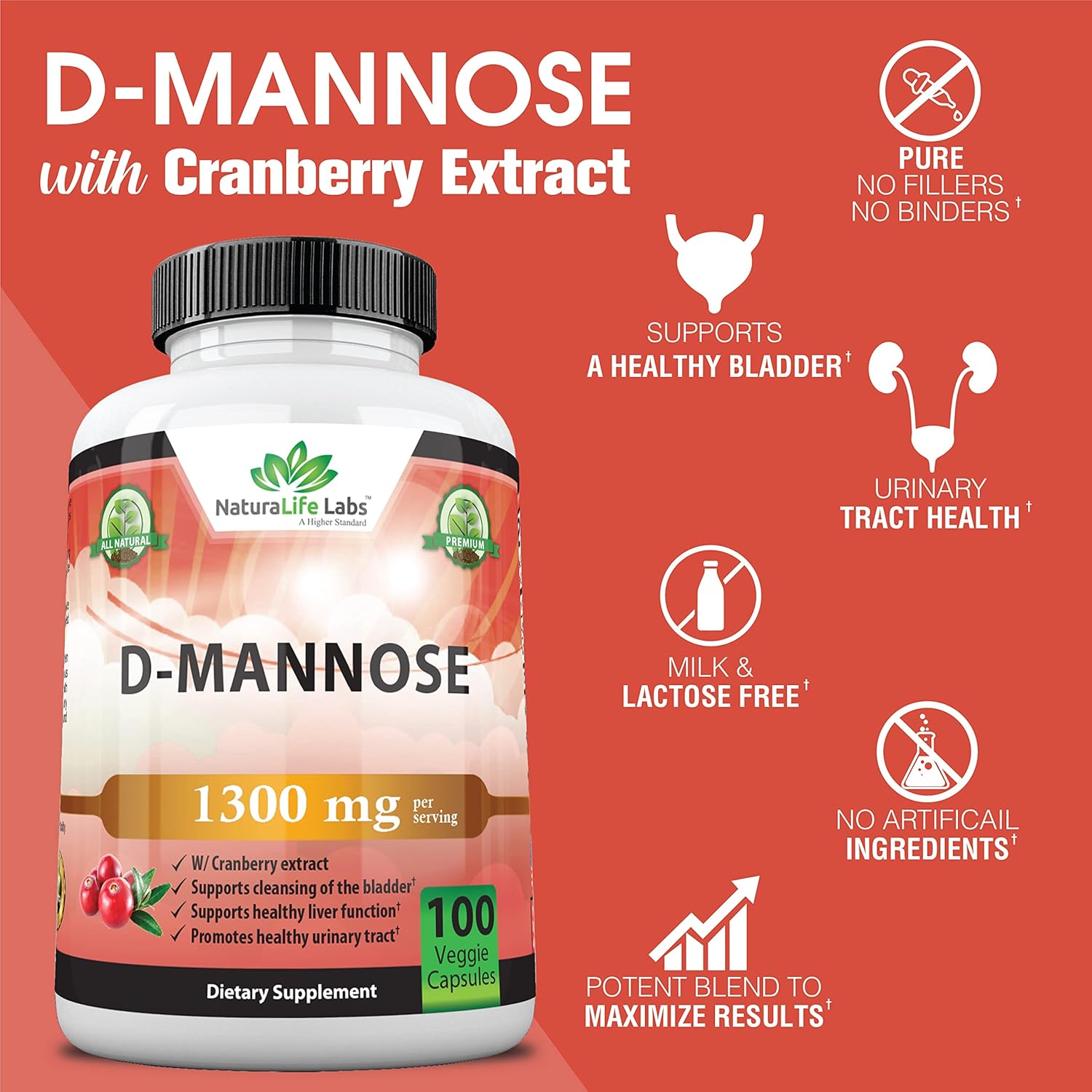 D-Mannose 1,300 mg with Cranberry Extract, 100 Veggie Capsules F8854