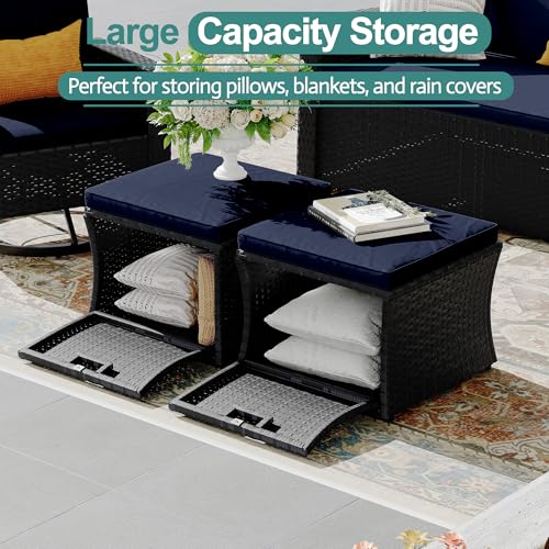 Wicker Patio Furniture Set with Swivel Recline Chairs and Storage Ottoman B707