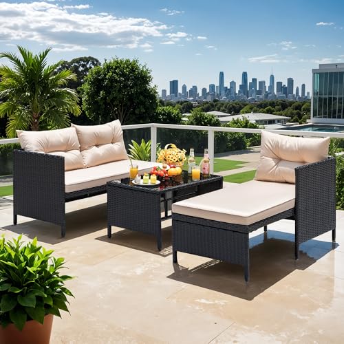 Outdoor Patio 3-Piece Rattan Sectional Sofa with Cushion and Glass Table A396028