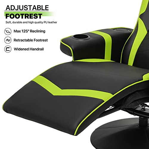Massage Gaming Recliner Chair, 360° Swivel PU Leather, Adjustable Backrest, Footrest, Cup Holders, Bluetooth Speakers, Green X4845