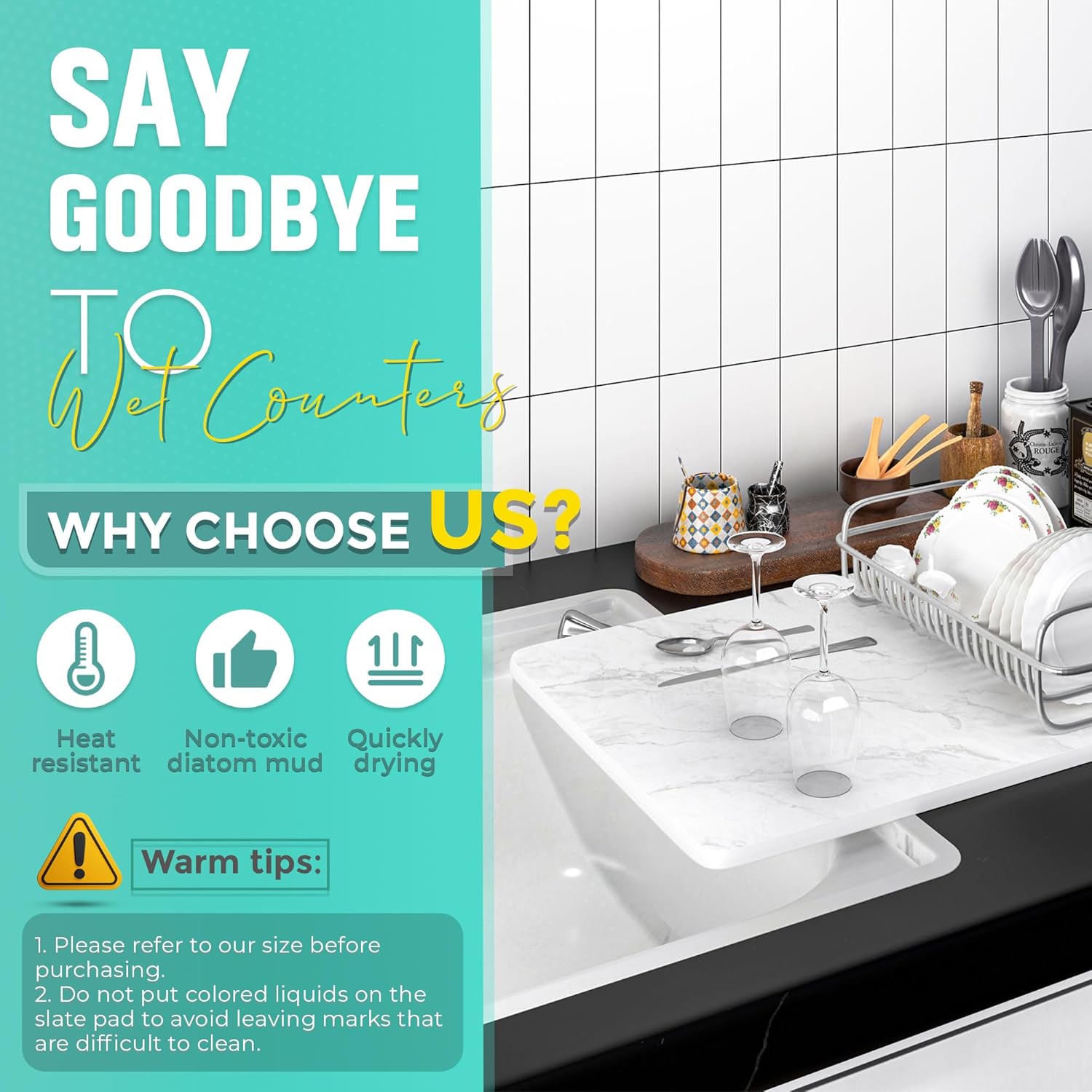 Stone Dish Drying Mat for Kitchen Counter, Absorbent Quick Drying, Non-Slip, White O8464