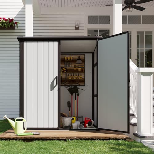 Outdoor Storage Shed with Window, Resin Garden Tool Shed with Lockable Doors W5772
