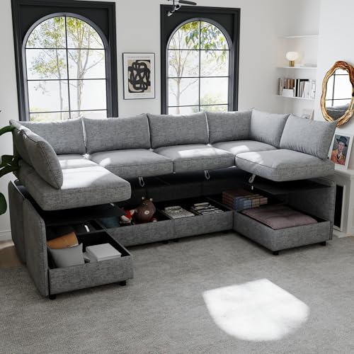 Modular Storage Sectional Sofa with Movable Ottomans, U-Shaped Chenille U839651