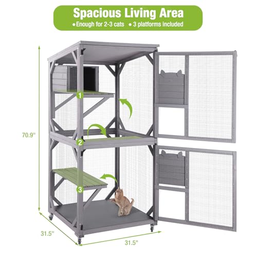 Cat House Outdoor Cage with Wheels, Large Wooden Catio with Resting Box X3162