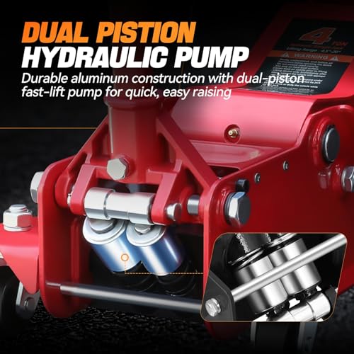 4 Ton Low Profile Floor Jack, Heavy Duty Steel Hydraulic with Dual Pistons Quick Lift Pump P3195