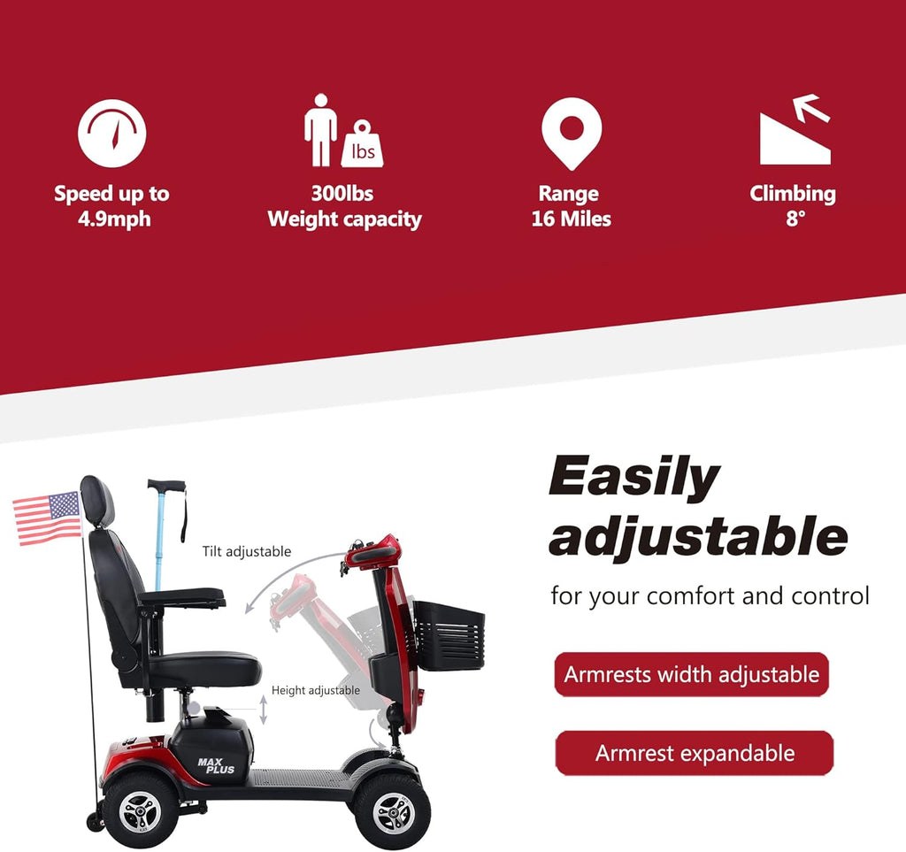 4 Wheel Folding Mobility Scooter for Seniors, 300lbs Capacity, Long Range Battery, Red K6853