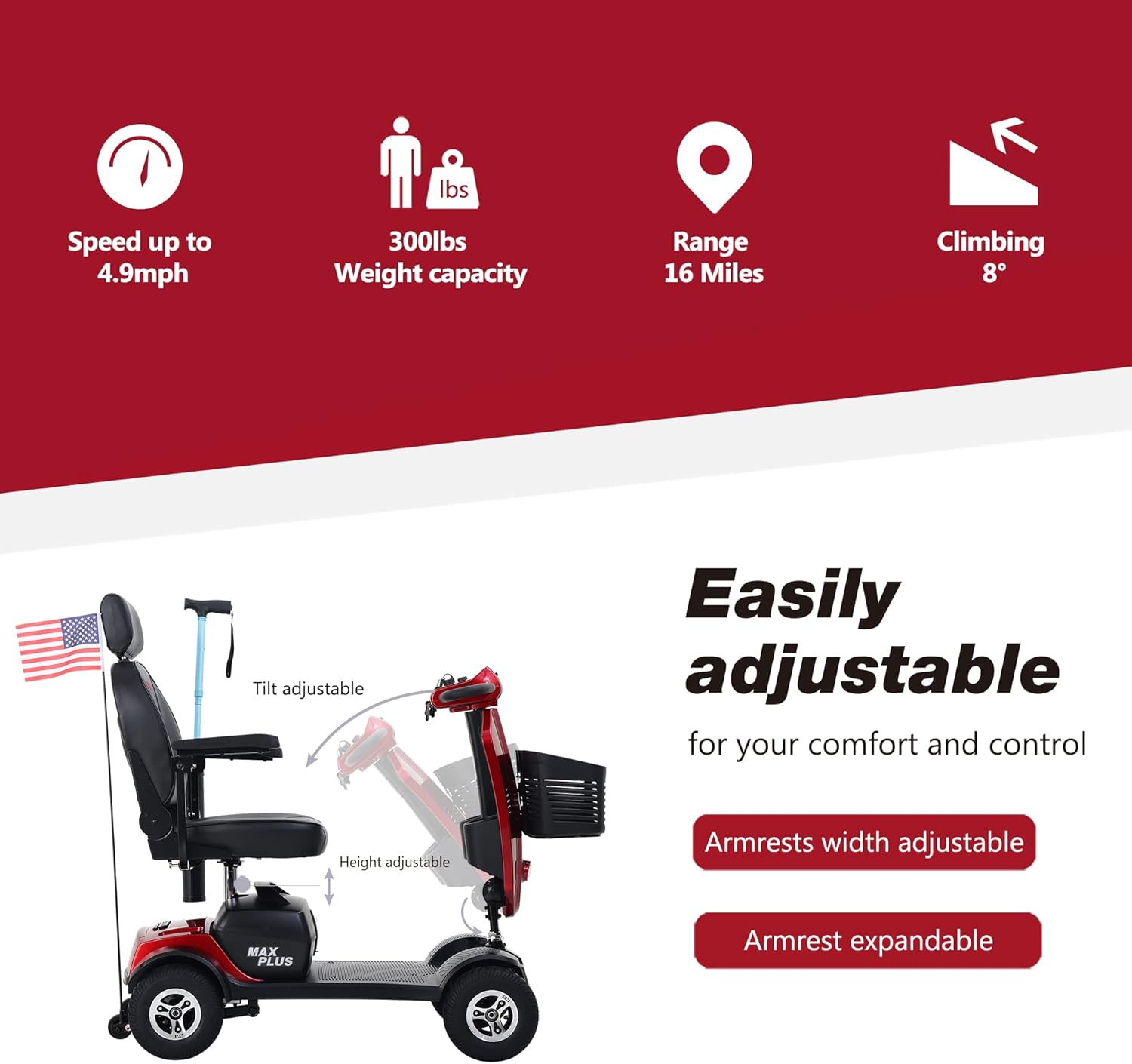 4 Wheel Folding Mobility Scooter for Seniors, 300lbs Capacity, Long Range Battery, Red K6853