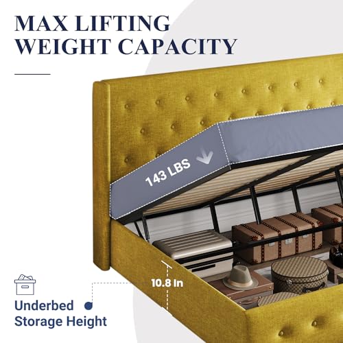 Full Size Lift Up Storage Bed with Wingback Headboard, Hydraulic Support, Light Beige P736605