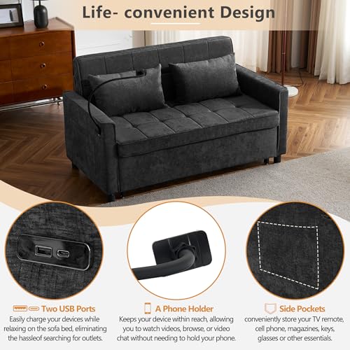 3 in 1 Convertible Sleeper Sofa Bed with USB Ports, Reversible Backrest, Brown C746