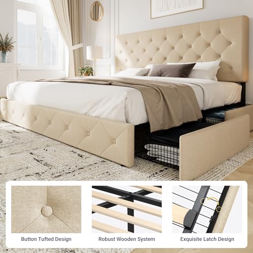 Upholstered Queen Platform Bed Frame with 4 Storage Drawers and Headboard G724955
