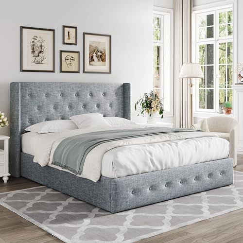 Full Size Lift Up Storage Bed with Wingback Headboard, Hydraulic Support, Light Beige P736605