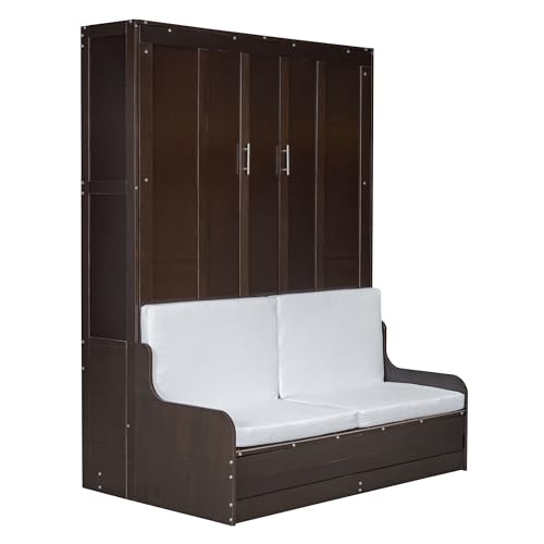 Murphy Bed Queen Size with Cushion, Foldable Sofa Bed Frame with Slat Support, White C2974