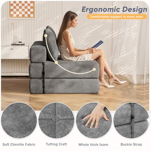 Folding Sofa Bed with Headrest and Lumbar Pillow, Chenille Fabric Chair Bed Y9814