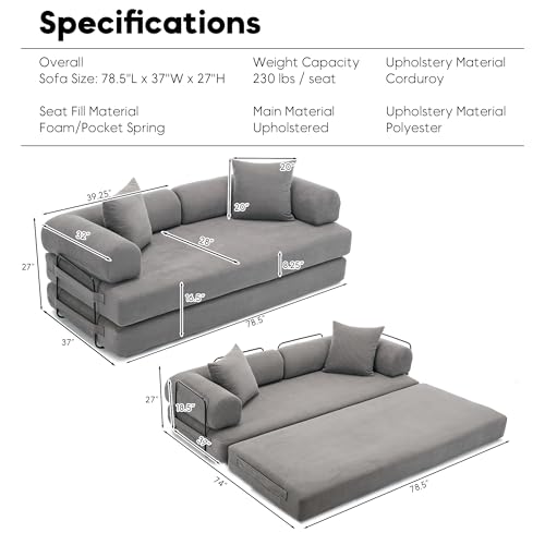 Corduroy Convertible Sleeper Sofa Bed with Pillow, Beige O72530