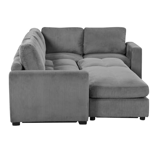 Corduroy Sectional Sofa Bed with Two Ottomans, Gray J44720