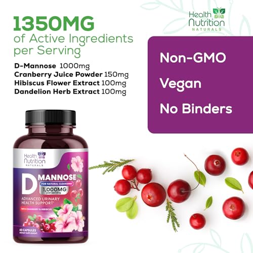 D-Mannose & Cranberry Extract 1350mg Urinary Tract Health Support, Non-GMO, Vegan - 120 Capsules J681