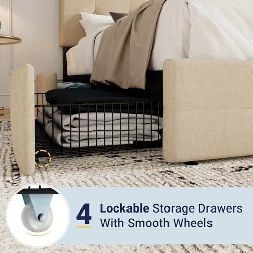 Upholstered Queen Platform Bed Frame with 4 Storage Drawers and Headboard G724955