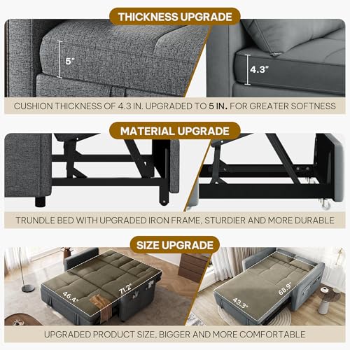 Convertible Sofa Bed, 3-in-1 Sleeper with Pull-Out Bed, Linen Futon Couch H198