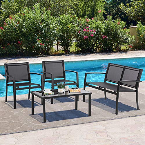 Patio Furniture Set with Glass Coffee Table, 4 Pieces, Black Q940