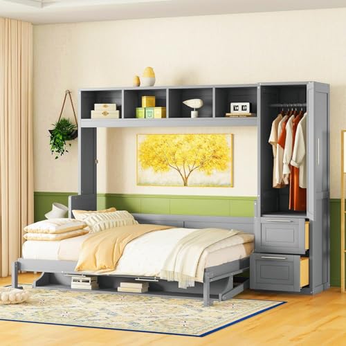 Queen Size Murphy Bed Wall Bed with Closet and Drawers, Foldable Platform Bed K658611