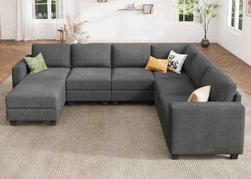 Corduroy Modular Sectional Couch with Storage, L-Shaped, 6 Seater, Dark Gray X823135