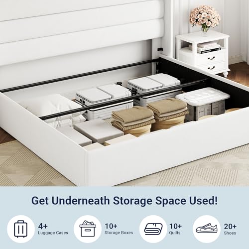 Full Size Lift Up Storage Bed with Wingback Headboard, Hydraulic Support, Light Beige P736605