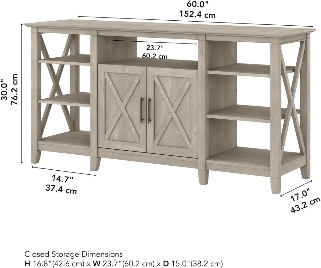 Tall Stand for 65 Inch TV, Farmhouse Entertainment Center with Storage, Washed Gray E4925