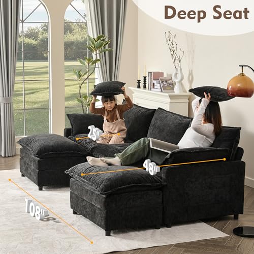 U Shaped Modular Sectional Sofa with Ottoman, Chenille, Black Z16537