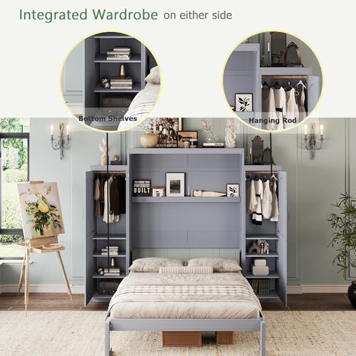 Murphy Bed with Two Wardrobes and Storage Shelf for Small Bedrooms A623