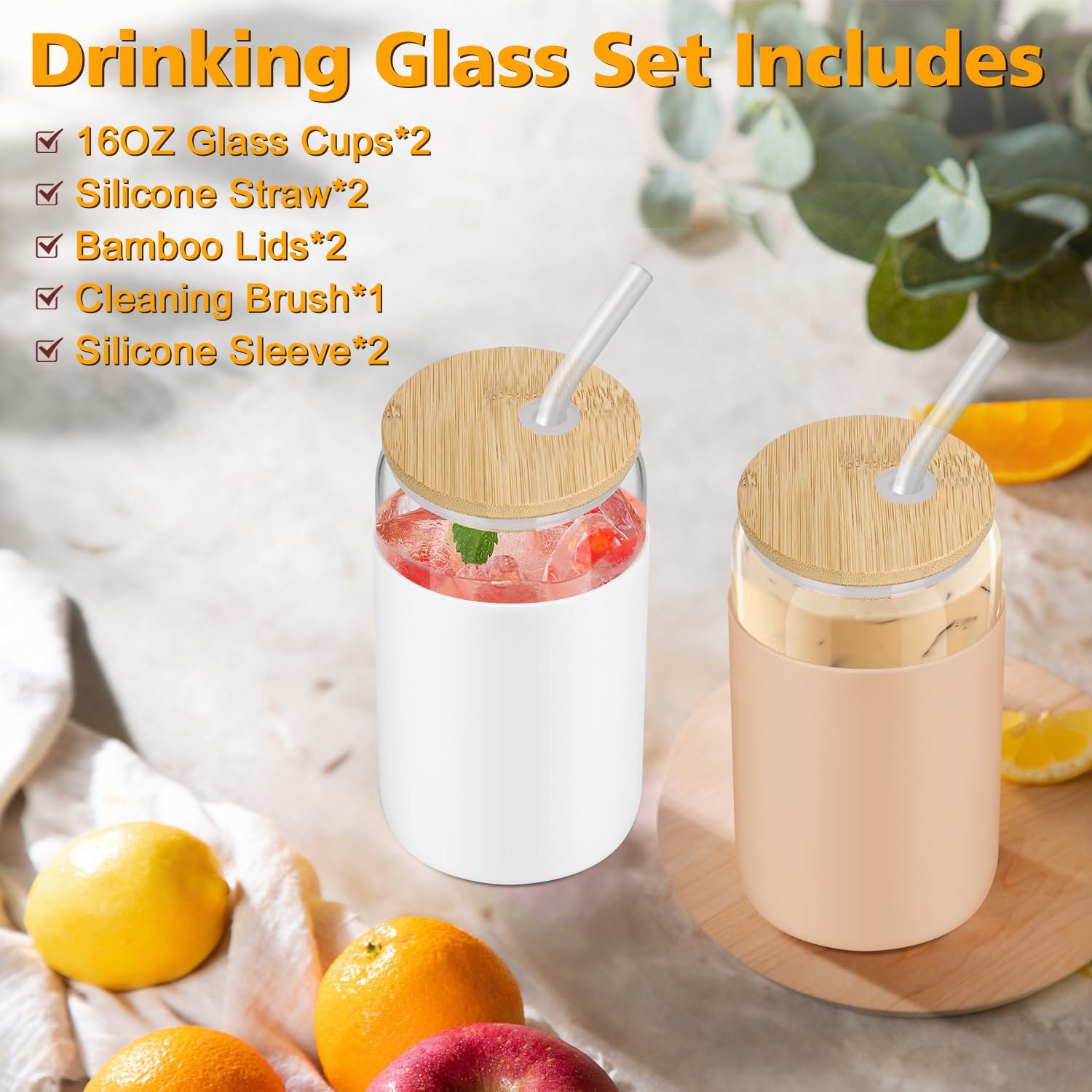 Glass Cups with Bamboo Lids and Straws, 16oz, 2 Pack F41865