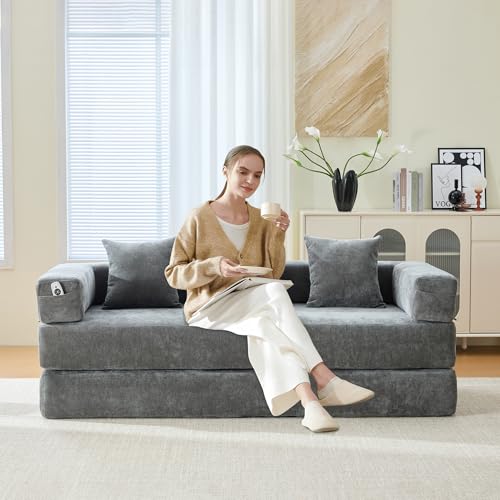 Corduroy Convertible Sleeper Sofa Bed with Pillow, Beige O72530