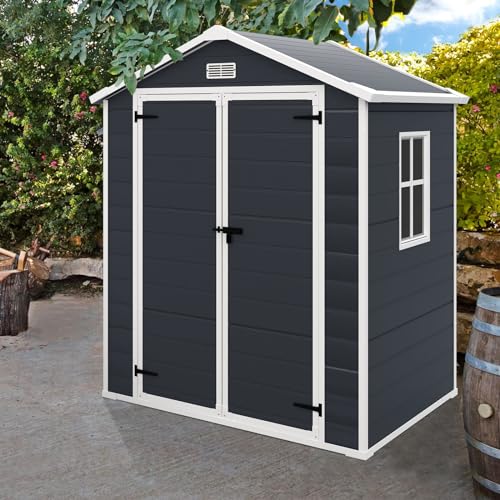 Outdoor Storage Shed 6x4.4FT, Resin with Floor, Lockable Doors for Garden Tools E30130