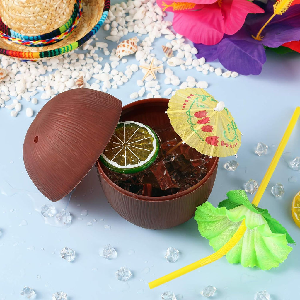 Coconut Cups with Hibiscus Straws for Luau Party Drink Decoration K21784