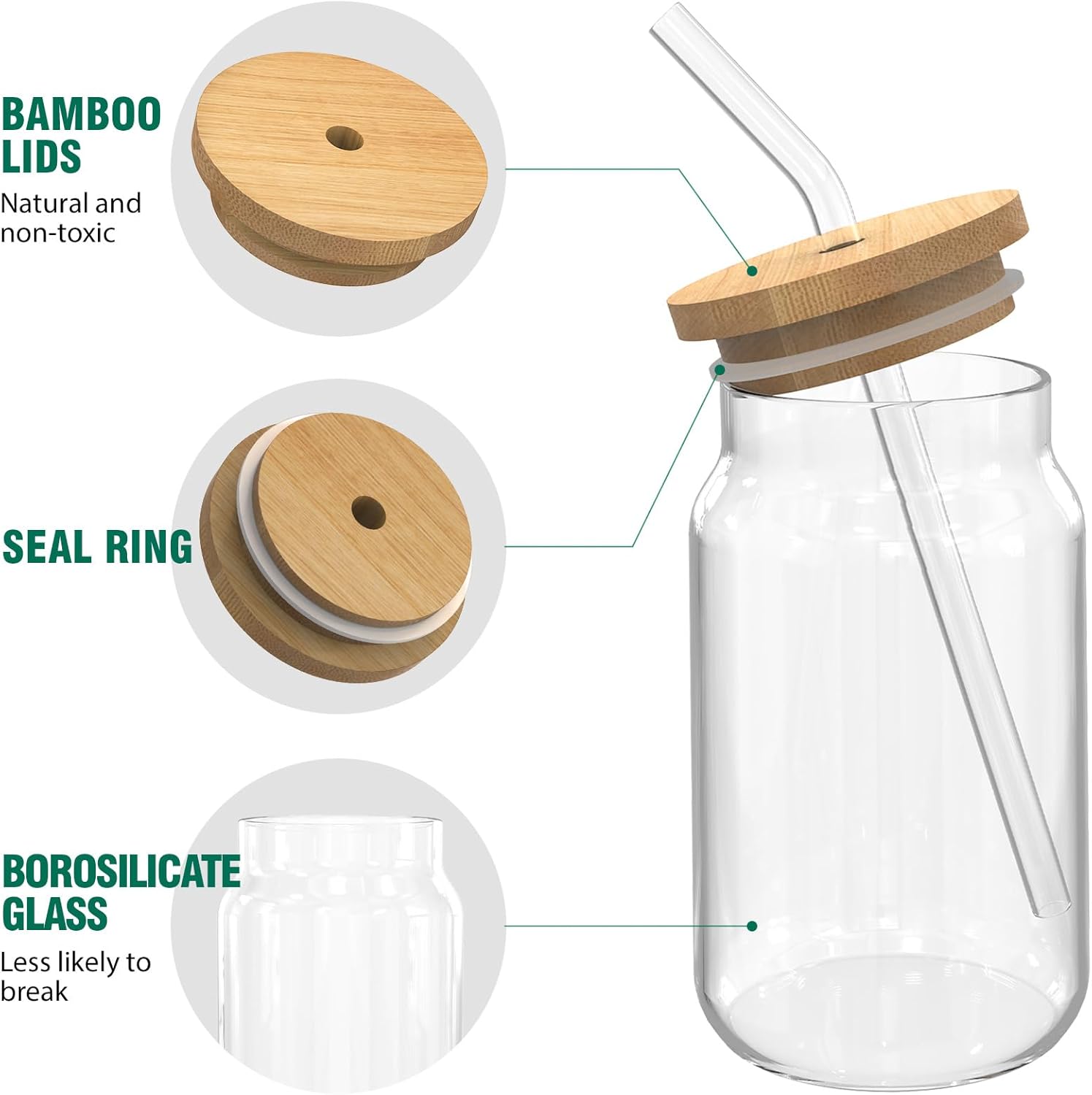 Bamboo Lid Drinking Glasses with Glass Straws, 16 oz, 9-Piece Set Y7260