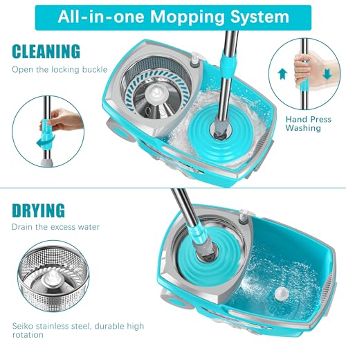Spin Mop and Bucket with Wringer Set for Home, 360 Spinning Mopping Tool with 4 Microfiber Refills, 61" Handle I5371