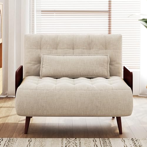 Convertible Chair Bed Sleeper for Adults, Linen with Wooden Arms & Pillows, Foldable Single Futon Sofa Bed Q683821