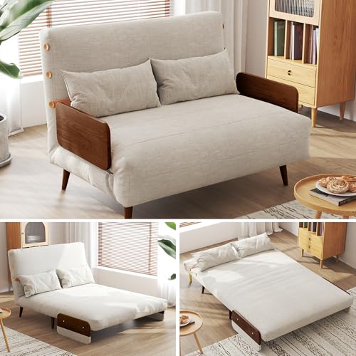 Convertible Chair Bed Sleeper for Adults, Linen with Wooden Arms & Pillows, Foldable Single Futon Sofa Bed Q683821