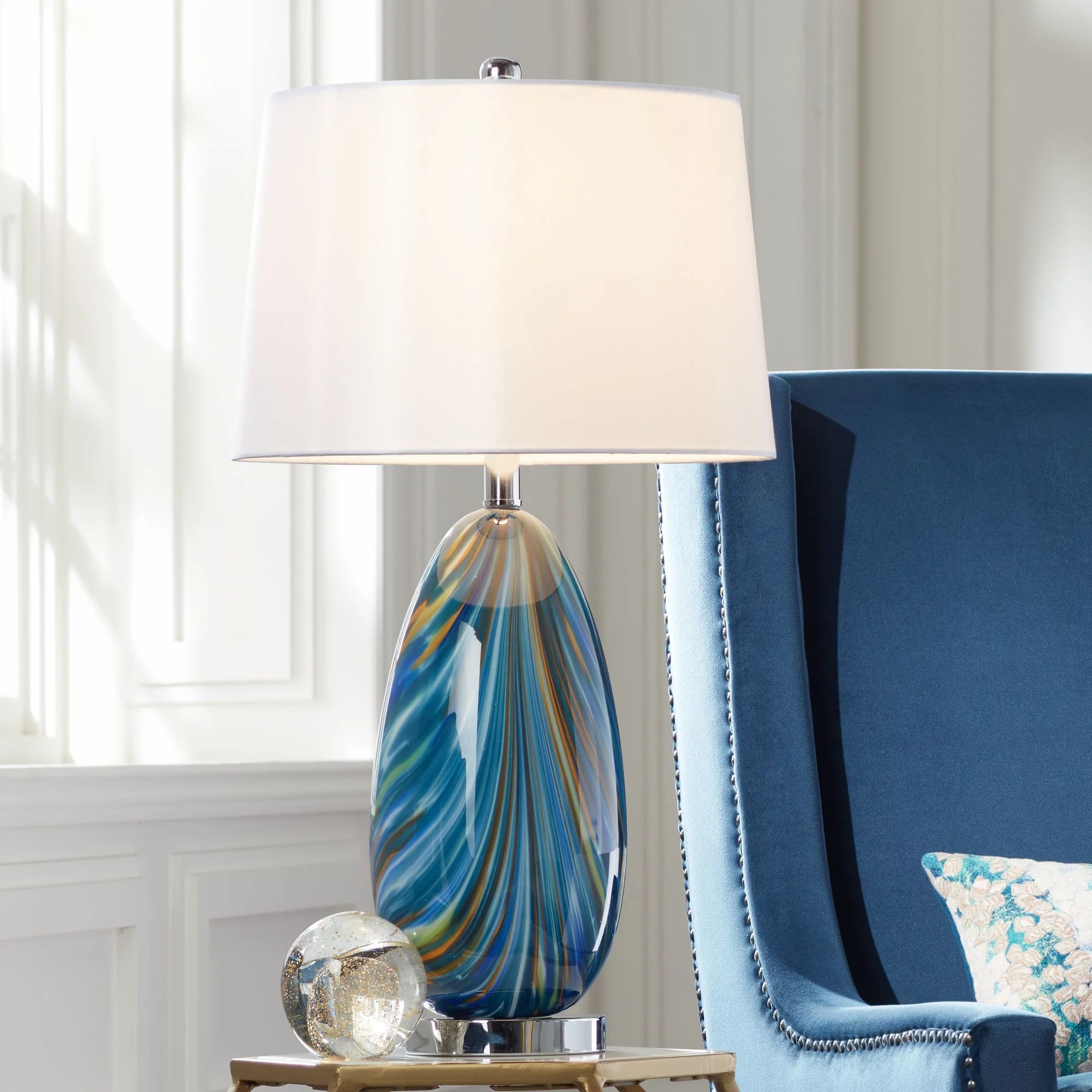 Modern Coastal Table Lamps Set of 2 Blue Art Glass A905