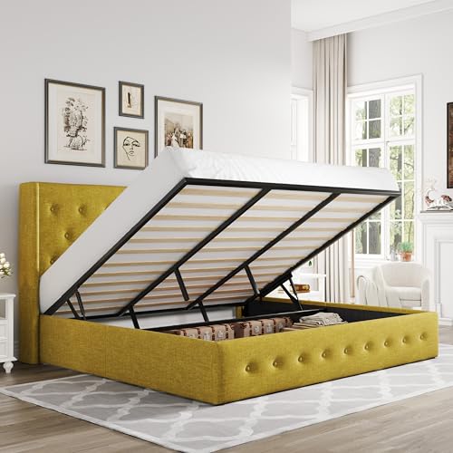 Full Size Lift Up Storage Bed with Wingback Headboard, Hydraulic Support, Light Beige P736605