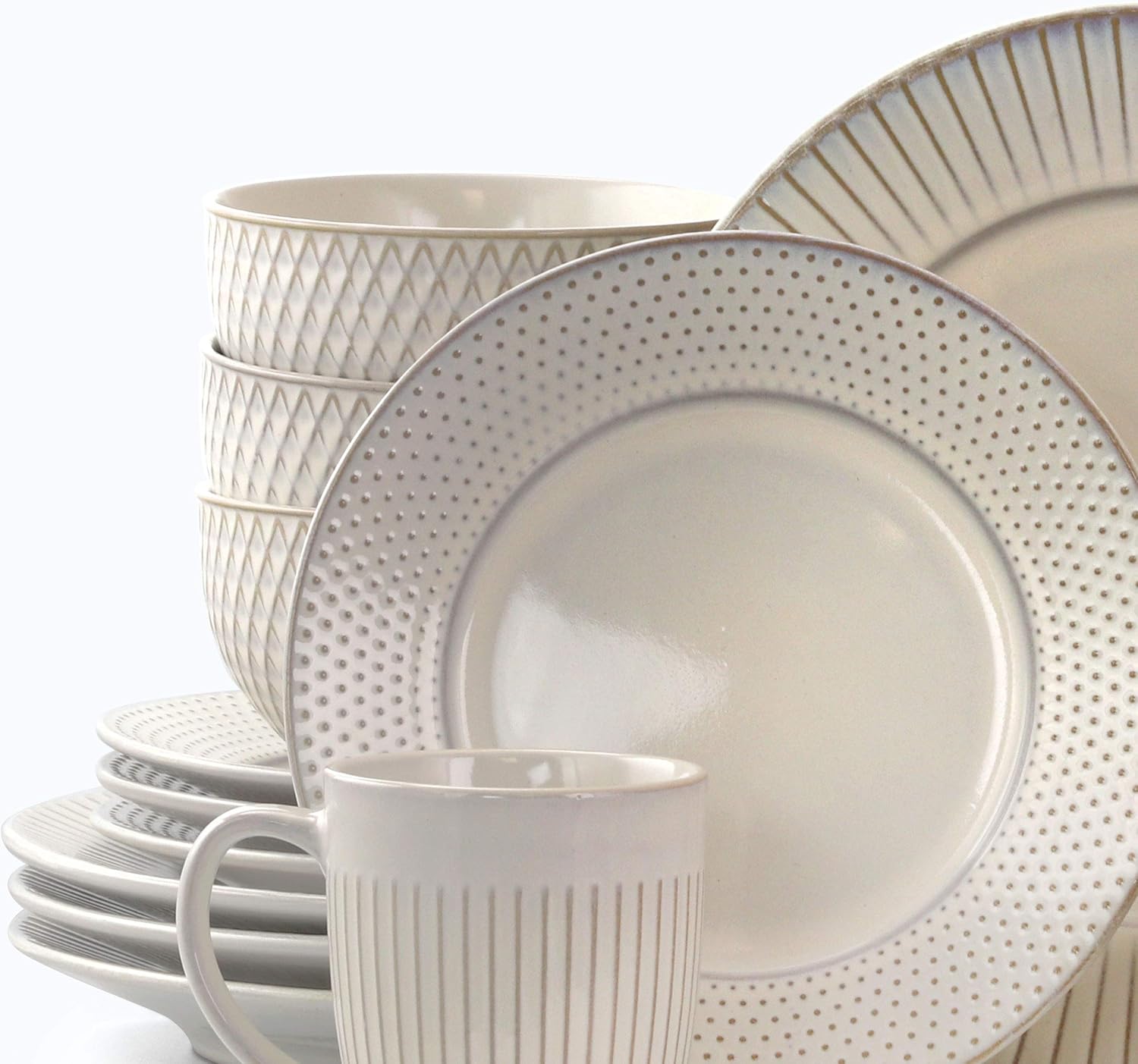 Contemporary Round Stoneware Dinnerware Set, 16 Piece, White Z3526