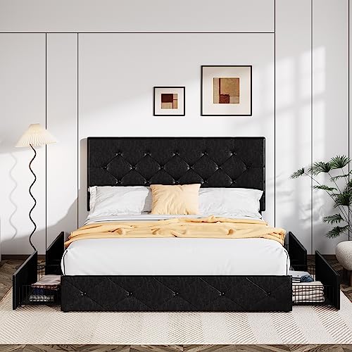 Upholstered Queen Platform Bed Frame with 4 Storage Drawers and Headboard G724955